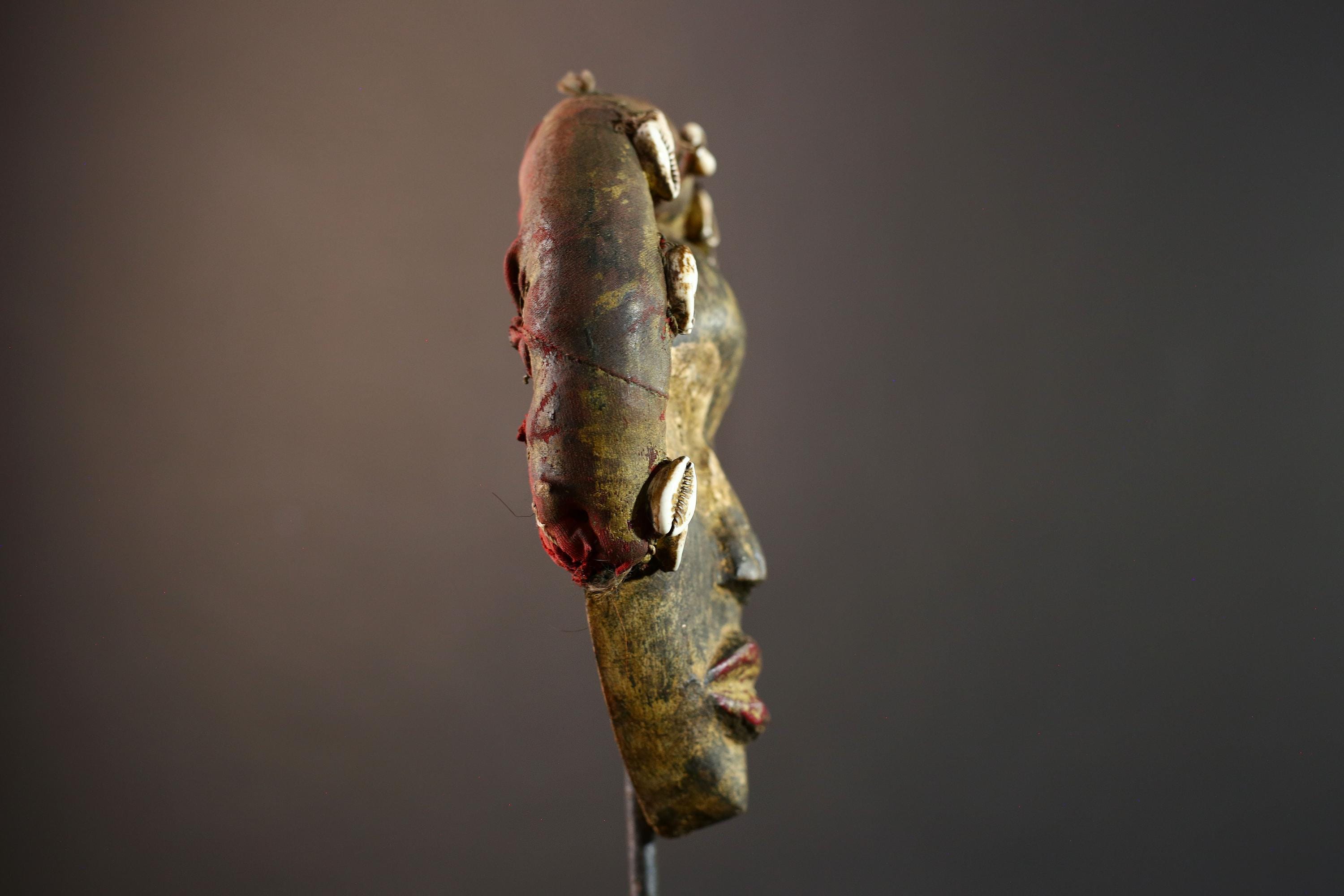 African mask wall art, Dan tribal face, cowrie shell ritual mask, carved wood mask decor, ancestral forest spirit, ethnic wall hanging-G5382