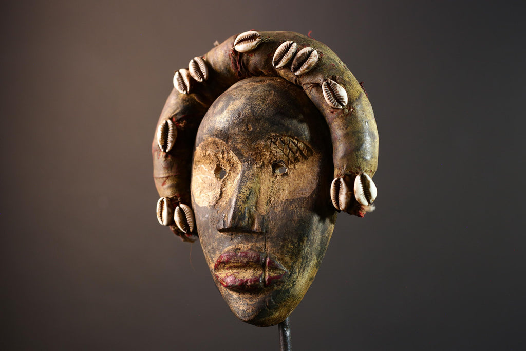 African mask wall art, Dan tribal face, cowrie shell ritual mask, carved wood mask decor, ancestral forest spirit, ethnic wall hanging-G5382
