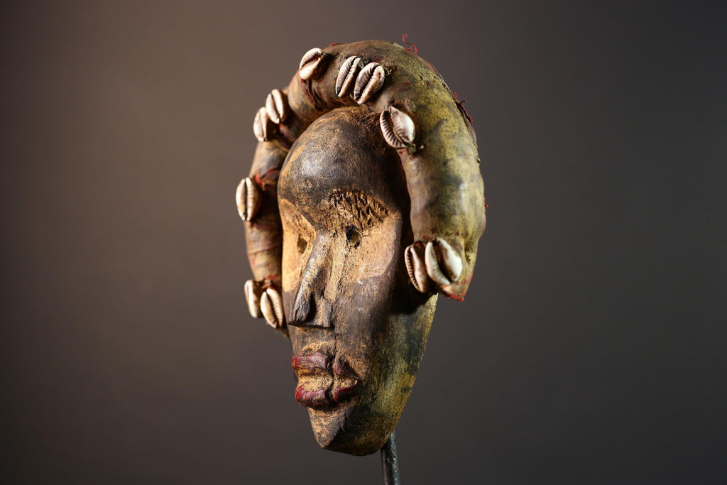 African mask wall art, Dan tribal face, cowrie shell ritual mask, carved wood mask decor, ancestral forest spirit, ethnic wall hanging-G5382