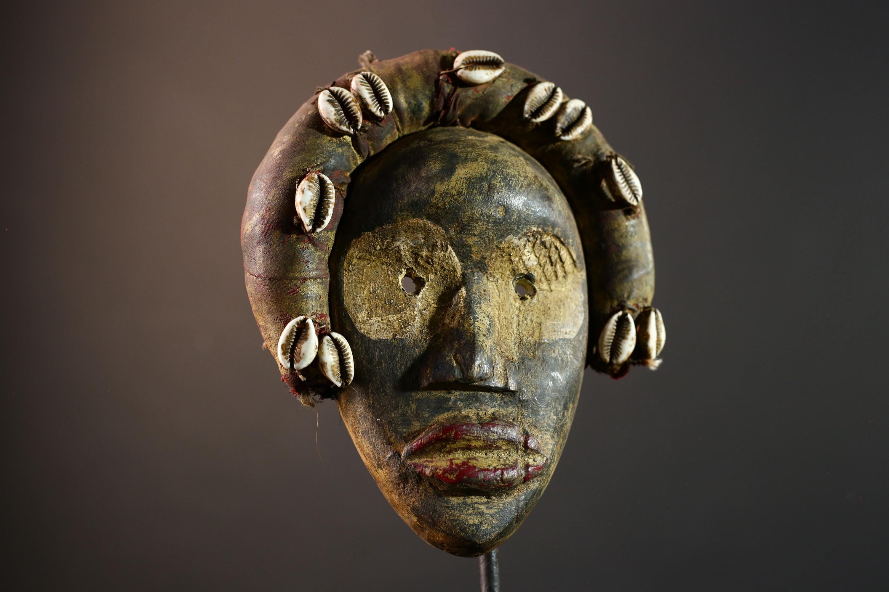 African mask wall art, Dan tribal face, cowrie shell ritual mask, carved wood mask decor, ancestral forest spirit, ethnic wall hanging-G5382