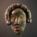 African mask wall art, Dan tribal face, cowrie shell ritual mask, carved wood mask decor, ancestral forest spirit, ethnic wall hanging-G5382