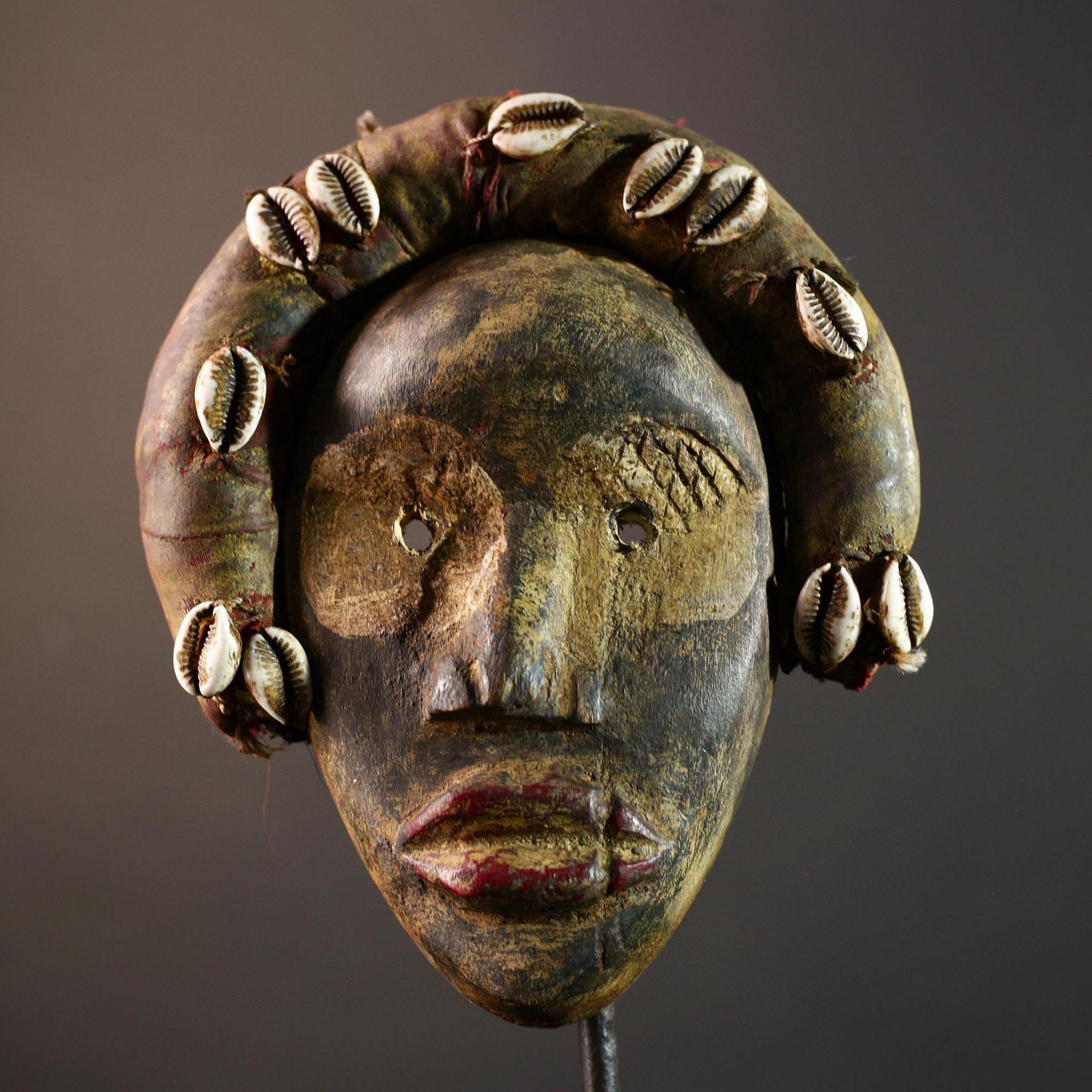 African mask wall art, Dan tribal face, cowrie shell ritual mask, carved wood mask decor, ancestral forest spirit, ethnic wall hanging-G5382