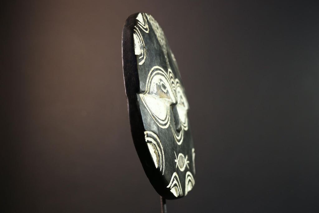 African tribal mask wall decor, Bwa sun mask from Burkina Faso, geometric spirit carving, cultural black and white wood sculpture-G5385