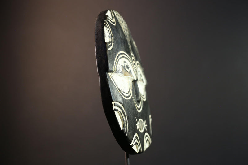African tribal mask wall decor, Bwa sun mask from Burkina Faso, geometric spirit carving, cultural black and white wood sculpture-G5385