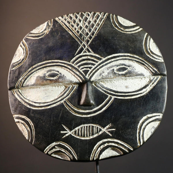 African tribal mask wall decor, Bwa sun mask from Burkina Faso, geometric spirit carving, cultural black and white wood sculpture-G5385