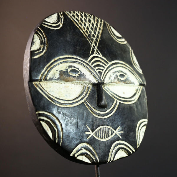 African tribal mask wall decor, Bwa sun mask from Burkina Faso, geometric spirit carving, cultural black and white wood sculpture-G5385