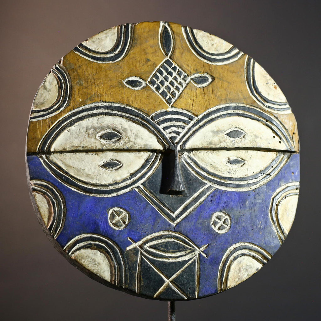 African wall decor, Bwa tribal sun mask from Burkina Faso, spirit face carving, geometric wood sculpture, ceremonial mask wall art-G5386