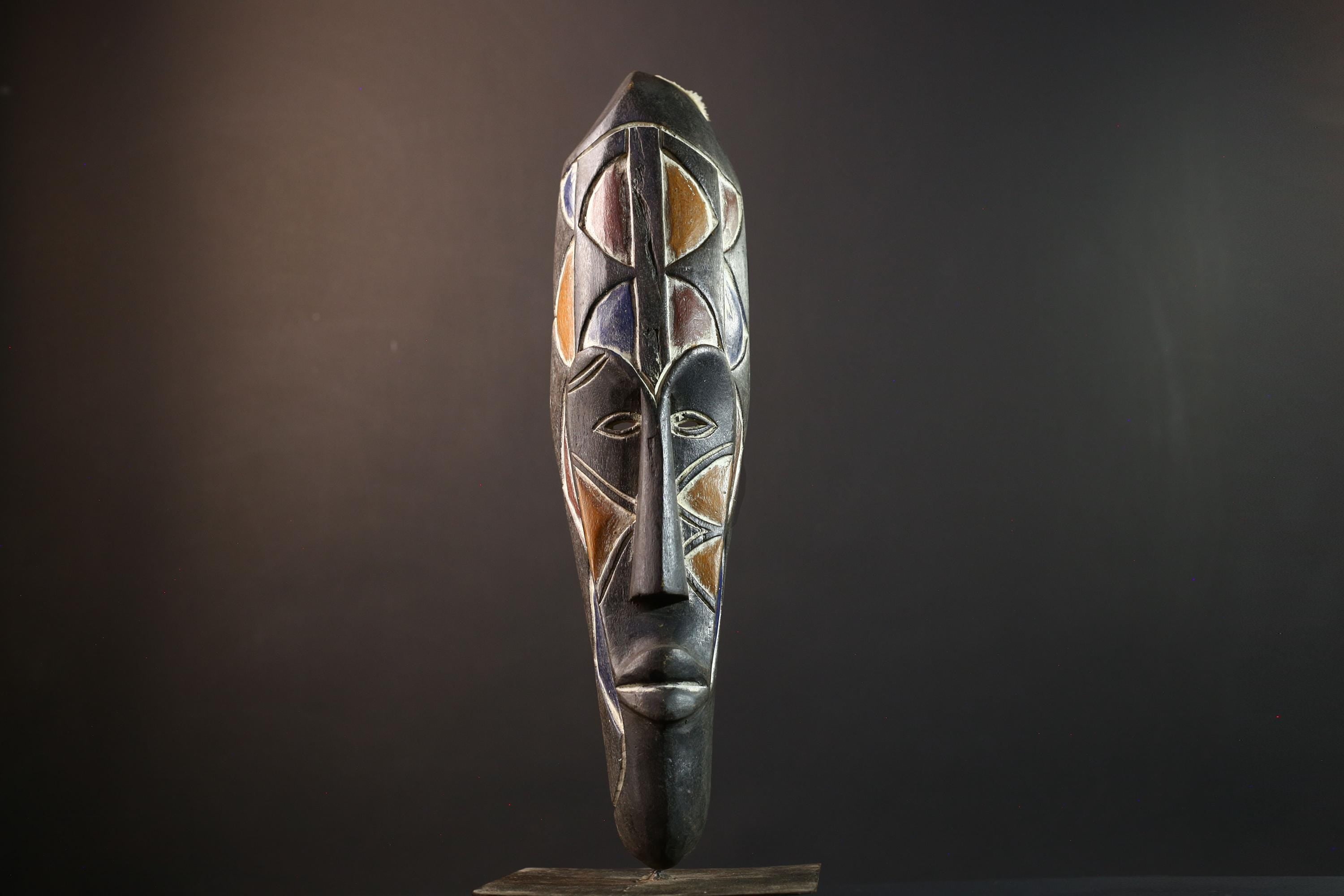 African tribal mask, Fang Ngil face carving from Gabon, long wall sculpture art, hand carved wood mask, ancestral spiritual home decor-G5388