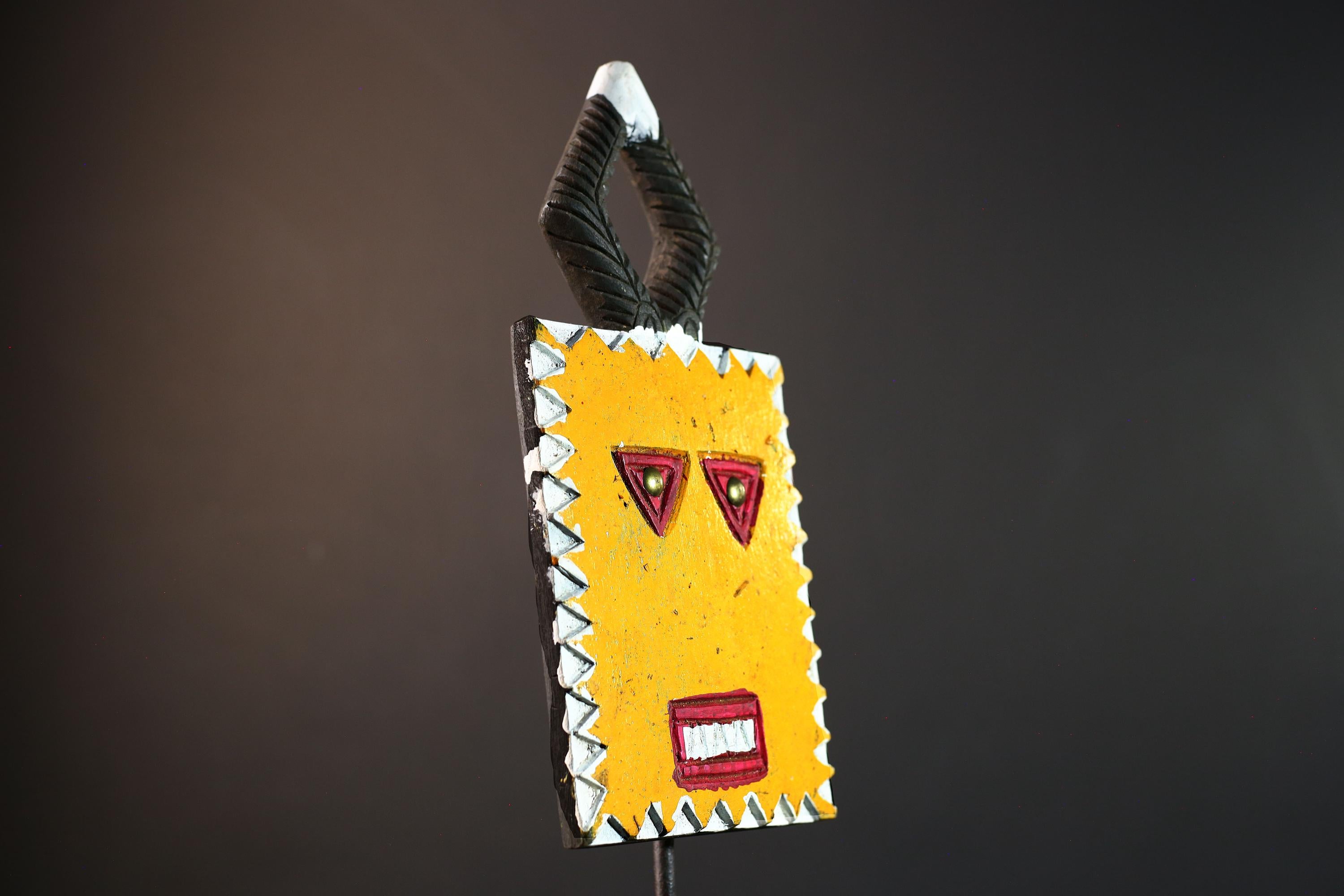 African wall sculpture, Bobo sun mask from Burkina Faso, square tribal carving, spirit face decor, geometric wood mask wall art-G5389