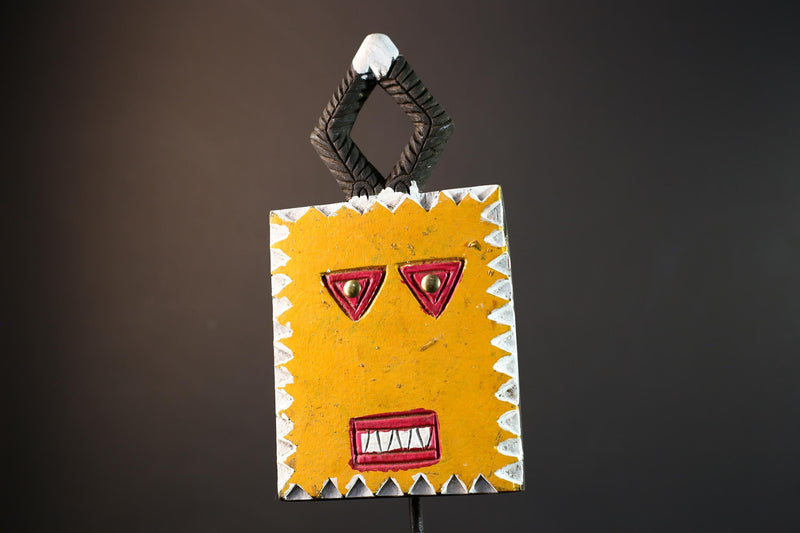 African wall sculpture, Bobo sun mask from Burkina Faso, square tribal carving, spirit face decor, geometric wood mask wall art-G5389