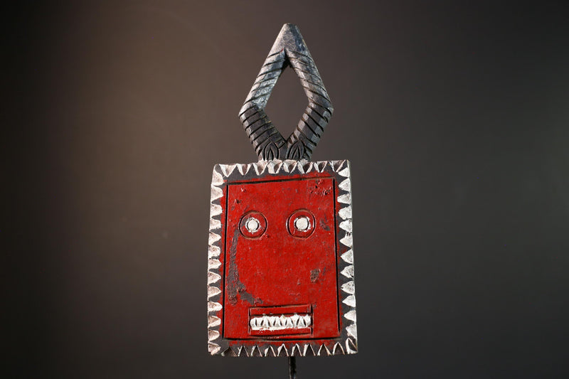 African wall mask, Bobo sun face from Burkina Faso, red tribal wood carving, ancestral spirit panel, geometric ritual home sculpture-G5390