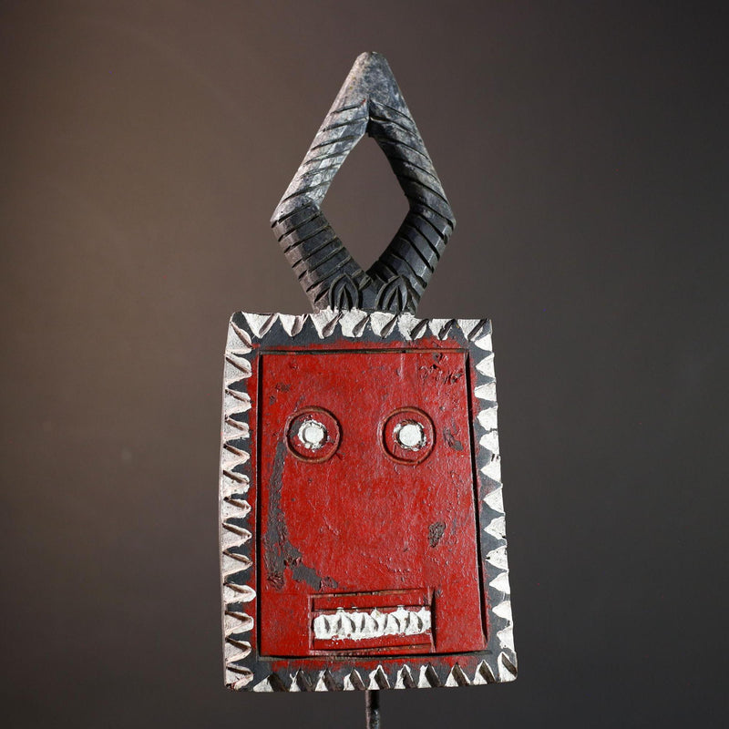African wall mask, Bobo sun face from Burkina Faso, red tribal wood carving, ancestral spirit panel, geometric ritual home sculpture-G5390