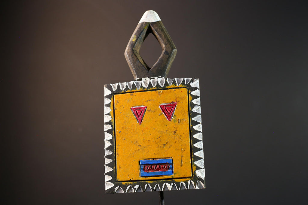African sun mask, Bobo yellow face carving from Burkina Faso, tribal spirit wall decor, geometric panel mask, ritual wood sculpture-G5391