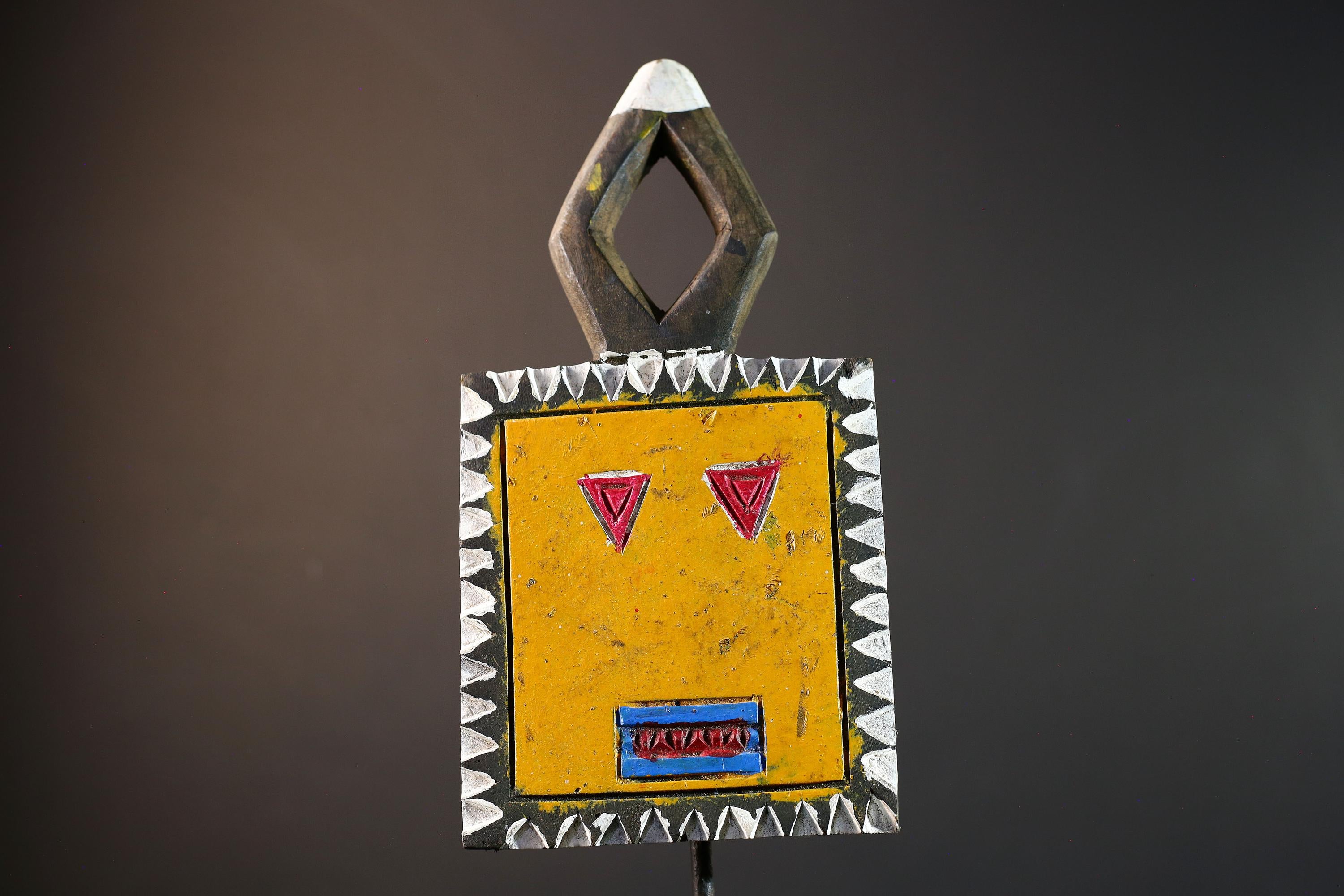 African sun mask, Bobo yellow face carving from Burkina Faso, tribal spirit wall decor, geometric panel mask, ritual wood sculpture-G5391