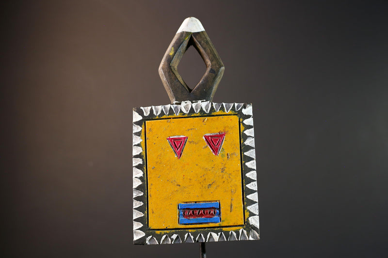 African sun mask, Bobo yellow face carving from Burkina Faso, tribal spirit wall decor, geometric panel mask, ritual wood sculpture-G5391