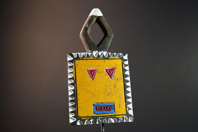 African sun mask, Bobo yellow face carving from Burkina Faso, tribal spirit wall decor, geometric panel mask, ritual wood sculpture-G5391