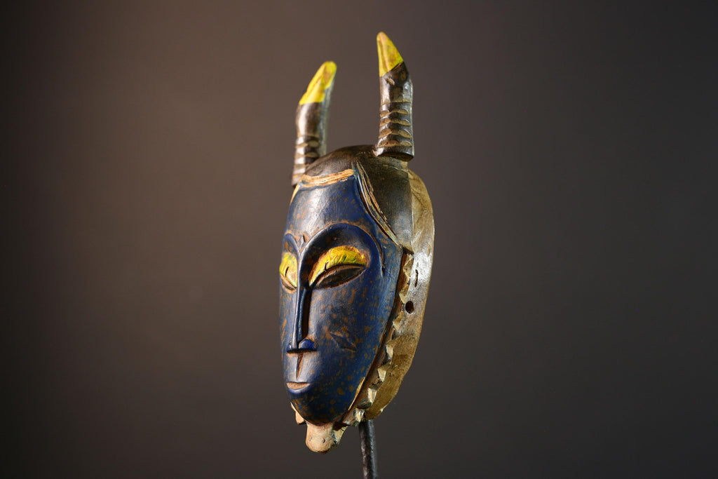African wall mask, Baule horned face from Côte d’Ivoire, tribal blue sculpture, handmade wood carving, cultural home wall decor-G5393