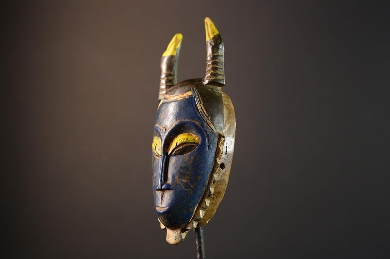 African wall mask, Baule horned face from Côte d’Ivoire, tribal blue sculpture, handmade wood carving, cultural home wall decor-G5393