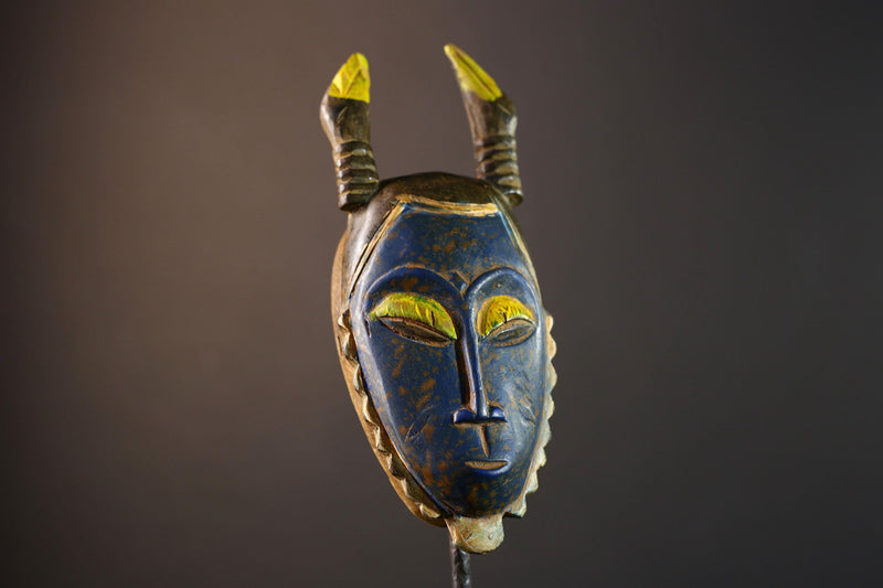 African wall mask, Baule horned face from Côte d’Ivoire, tribal blue sculpture, handmade wood carving, cultural home wall decor-G5393