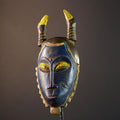 African wall mask, Baule horned face from Côte d’Ivoire, tribal blue sculpture, handmade wood carving, cultural home wall decor-G5393