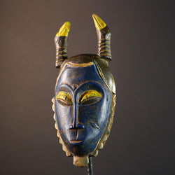 African wall mask, Baule horned face from Côte d’Ivoire, tribal blue sculpture, handmade wood carving, cultural home wall decor-G5393