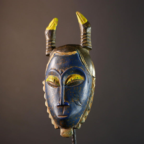 African wall mask, Baule horned face from Côte d’Ivoire, tribal blue sculpture, handmade wood carving, cultural home wall decor-G5393