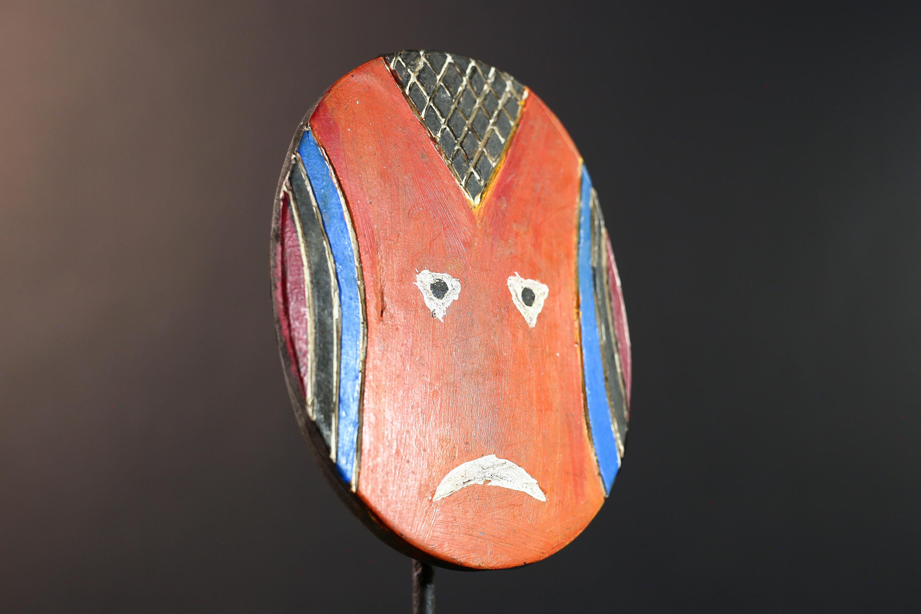 African Bwa mask, tribal sun face mask decor, Burkina Faso wood art, hand carved African wall mask, colorful geometric face art-G5400