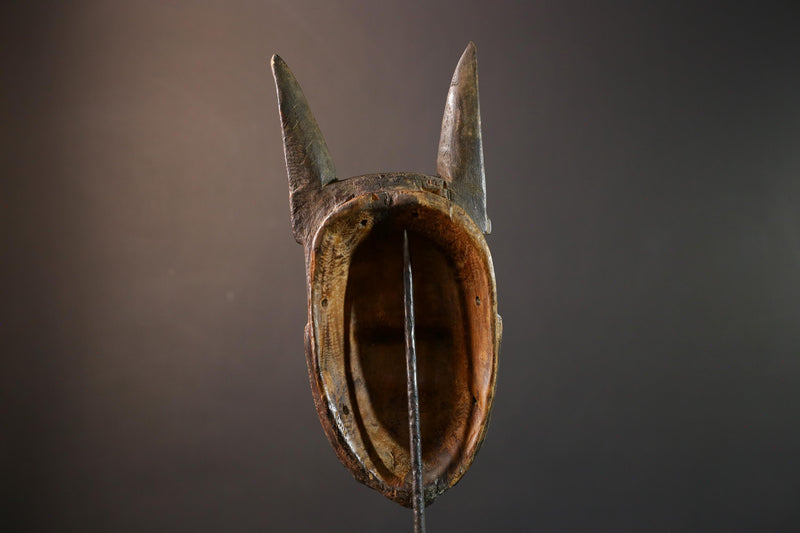 African Baule horned mask, tribal Goli wall art decor, ivory coast wooden face, carved African mask sculpture, spirit wall piece-G5402