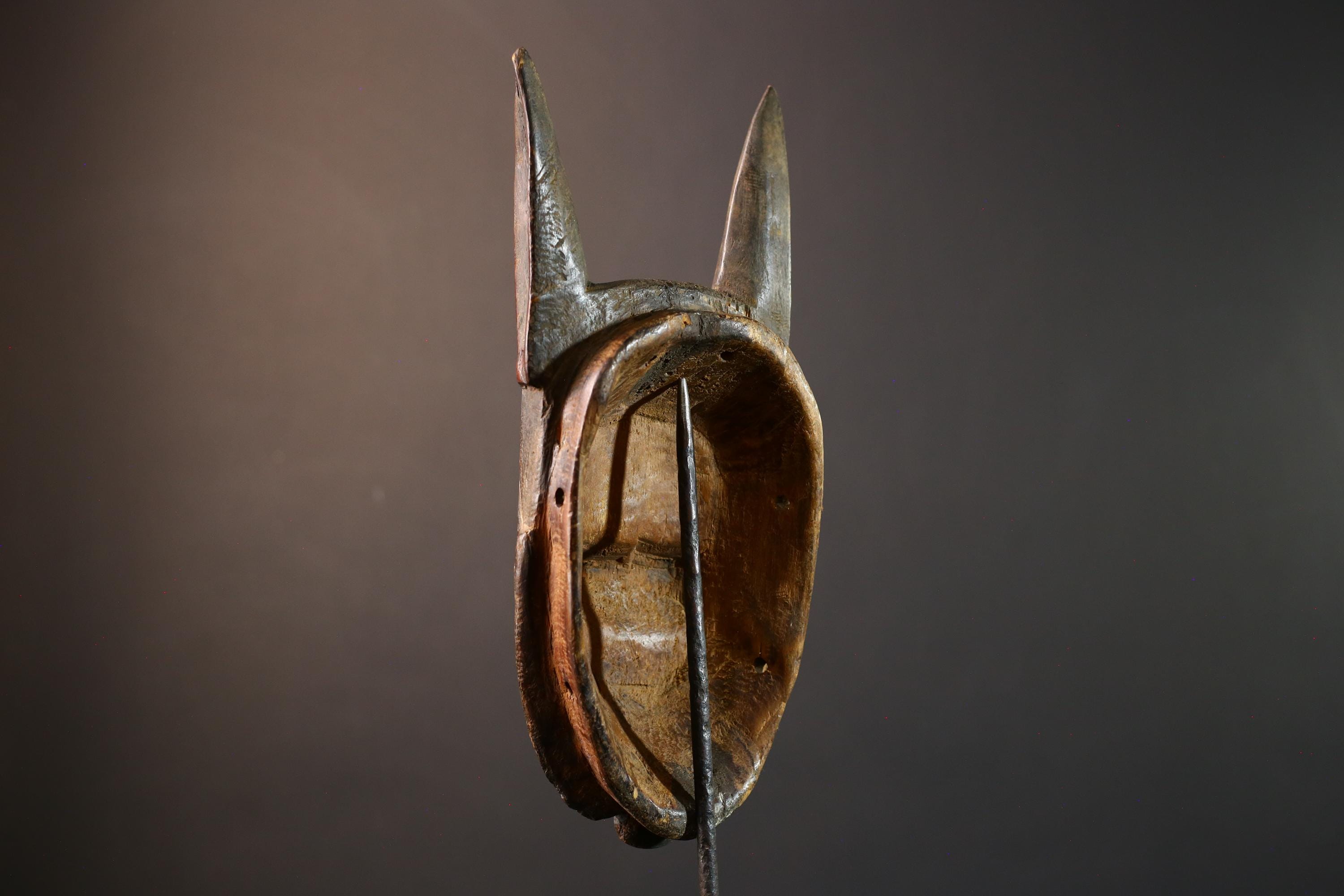 African Baule horned mask, tribal Goli wall art decor, ivory coast wooden face, carved African mask sculpture, spirit wall piece-G5402