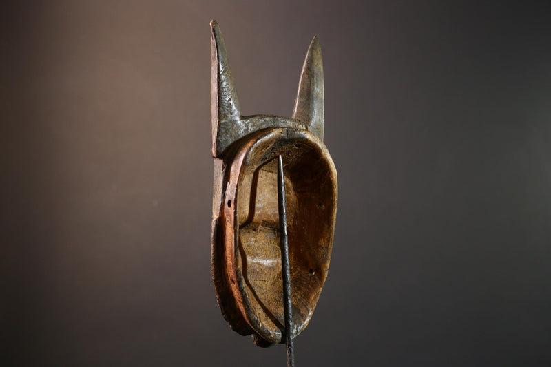 African Baule horned mask, tribal Goli wall art decor, ivory coast wooden face, carved African mask sculpture, spirit wall piece-G5402