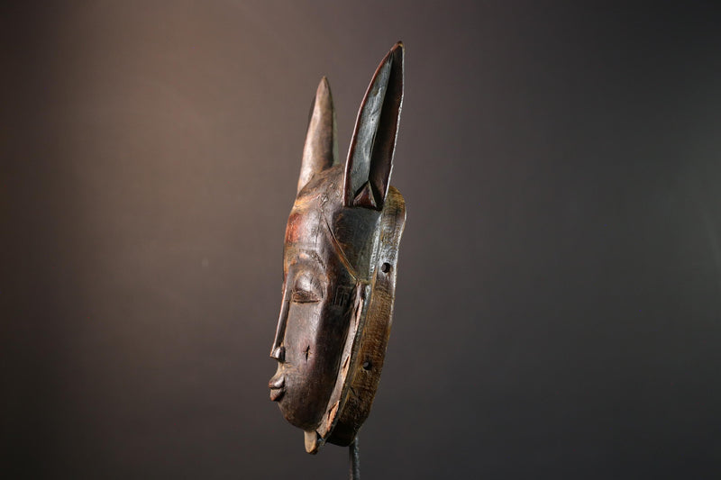African Baule horned mask, tribal Goli wall art decor, ivory coast wooden face, carved African mask sculpture, spirit wall piece-G5402