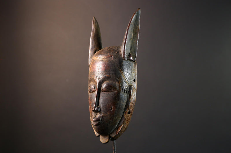 African Baule horned mask, tribal Goli wall art decor, ivory coast wooden face, carved African mask sculpture, spirit wall piece-G5402
