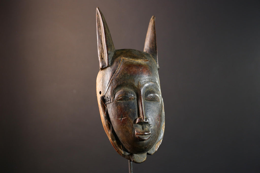 African Baule horned mask, tribal Goli wall art decor, ivory coast wooden face, carved African mask sculpture, spirit wall piece-G5402