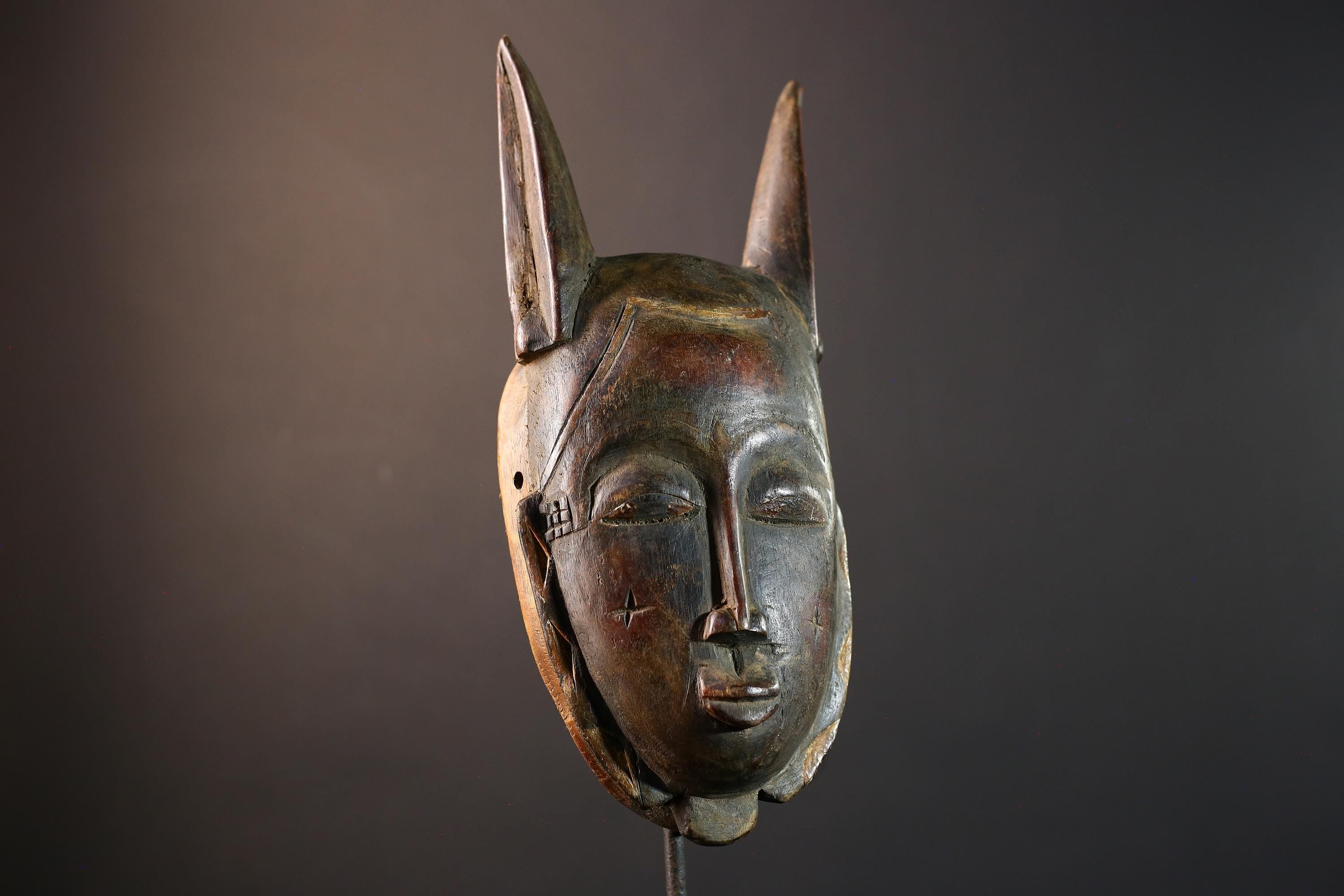 African Baule horned mask, tribal Goli wall art decor, ivory coast wooden face, carved African mask sculpture, spirit wall piece-G5402