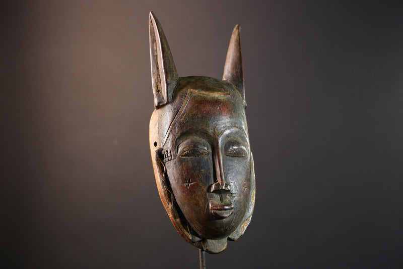 African Baule horned mask, tribal Goli wall art decor, ivory coast wooden face, carved African mask sculpture, spirit wall piece-G5402