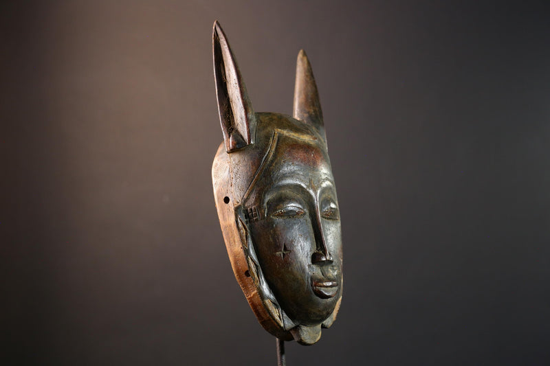 African Baule horned mask, tribal Goli wall art decor, ivory coast wooden face, carved African mask sculpture, spirit wall piece-G5402