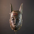 African Baule horned mask, tribal Goli wall art decor, ivory coast wooden face, carved African mask sculpture, spirit wall piece-G5402