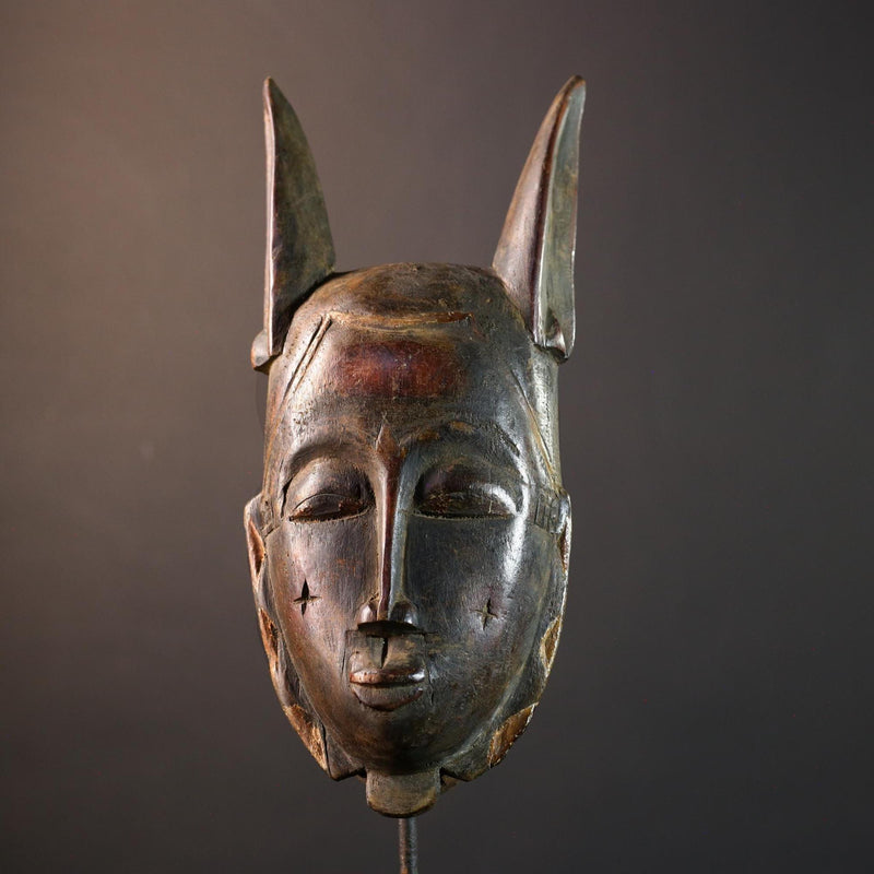African Baule horned mask, tribal Goli wall art decor, ivory coast wooden face, carved African mask sculpture, spirit wall piece-G5402