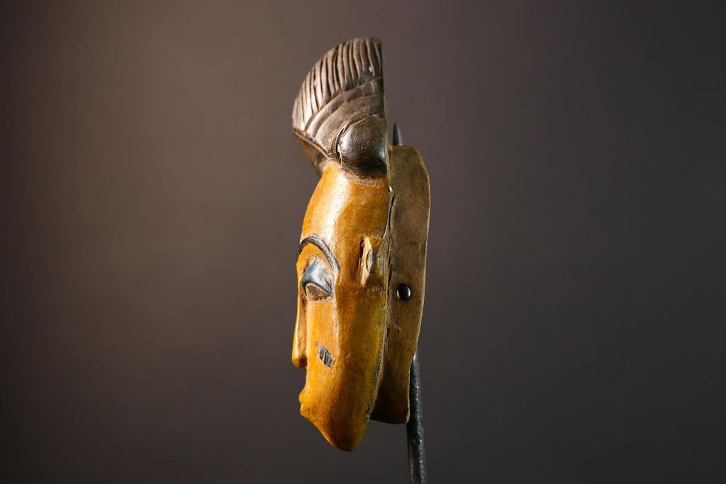 African Baule mask, tribal Mblo face mask wall art, ivory coast hand carved sculpture, yellow African mask decor, wood wall piece-G5403