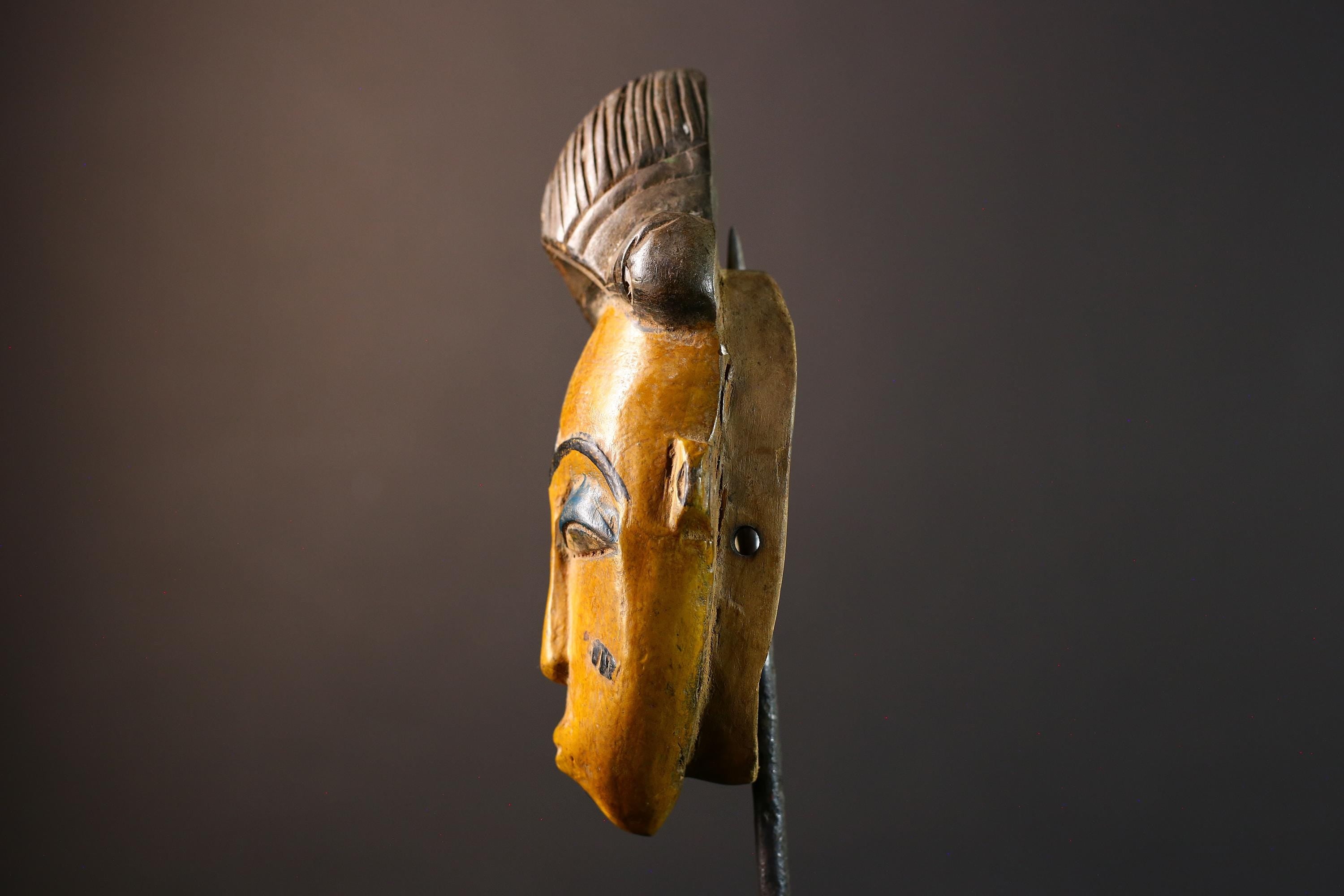 African Baule mask, tribal Mblo face mask wall art, ivory coast hand carved sculpture, yellow African mask decor, wood wall piece-G5403