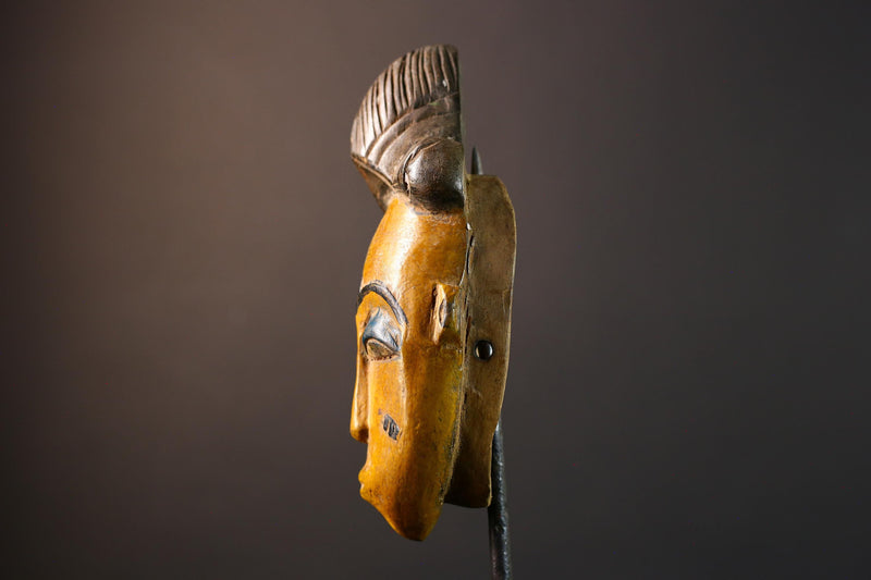 African Baule mask, tribal Mblo face mask wall art, ivory coast hand carved sculpture, yellow African mask decor, wood wall piece-G5403