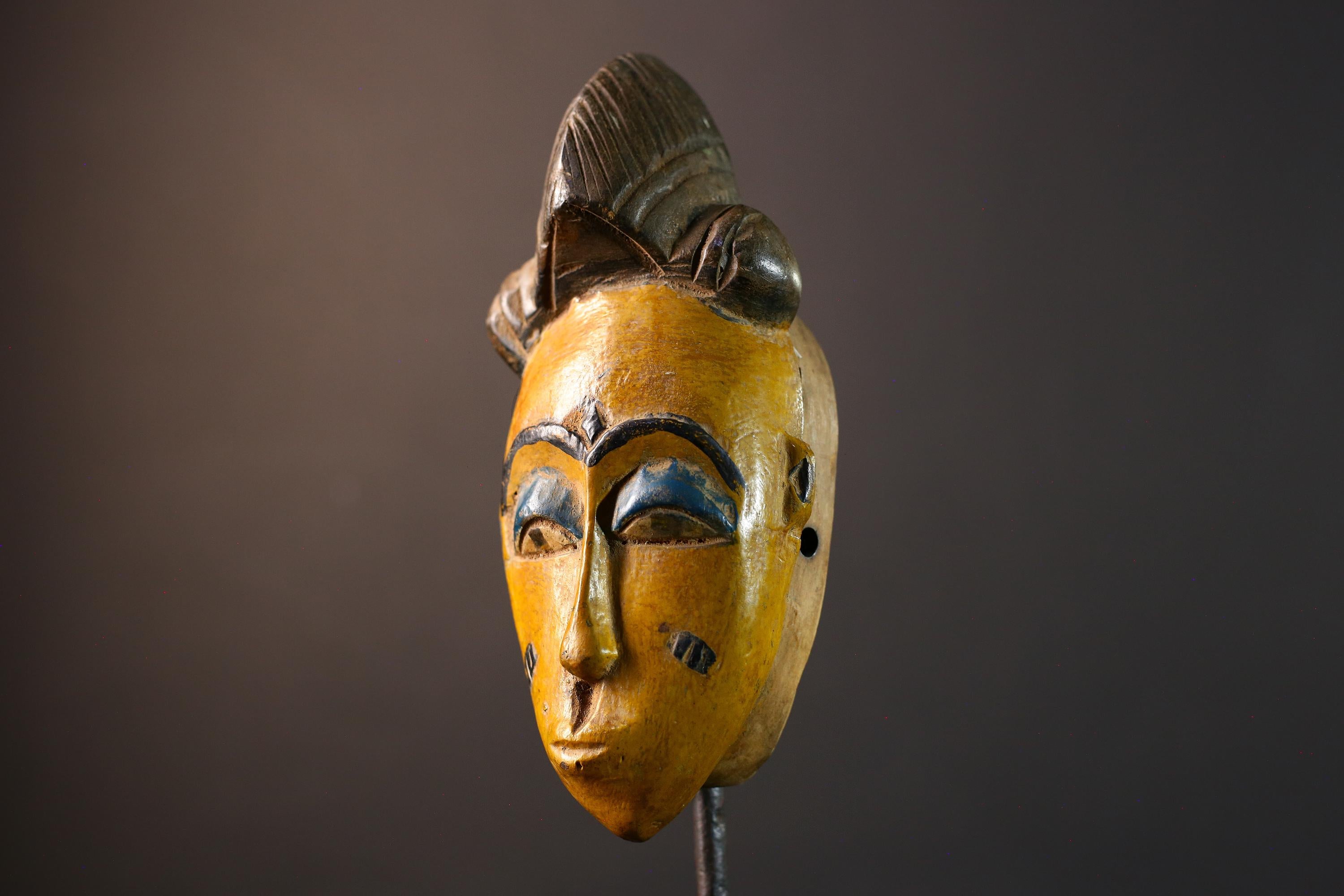 African Baule mask, tribal Mblo face mask wall art, ivory coast hand carved sculpture, yellow African mask decor, wood wall piece-G5403
