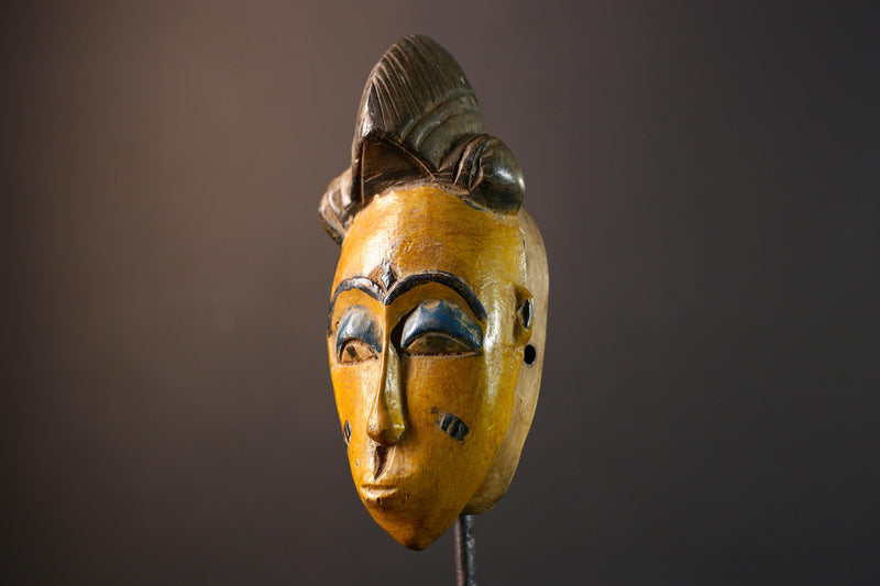 African Baule mask, tribal Mblo face mask wall art, ivory coast hand carved sculpture, yellow African mask decor, wood wall piece-G5403