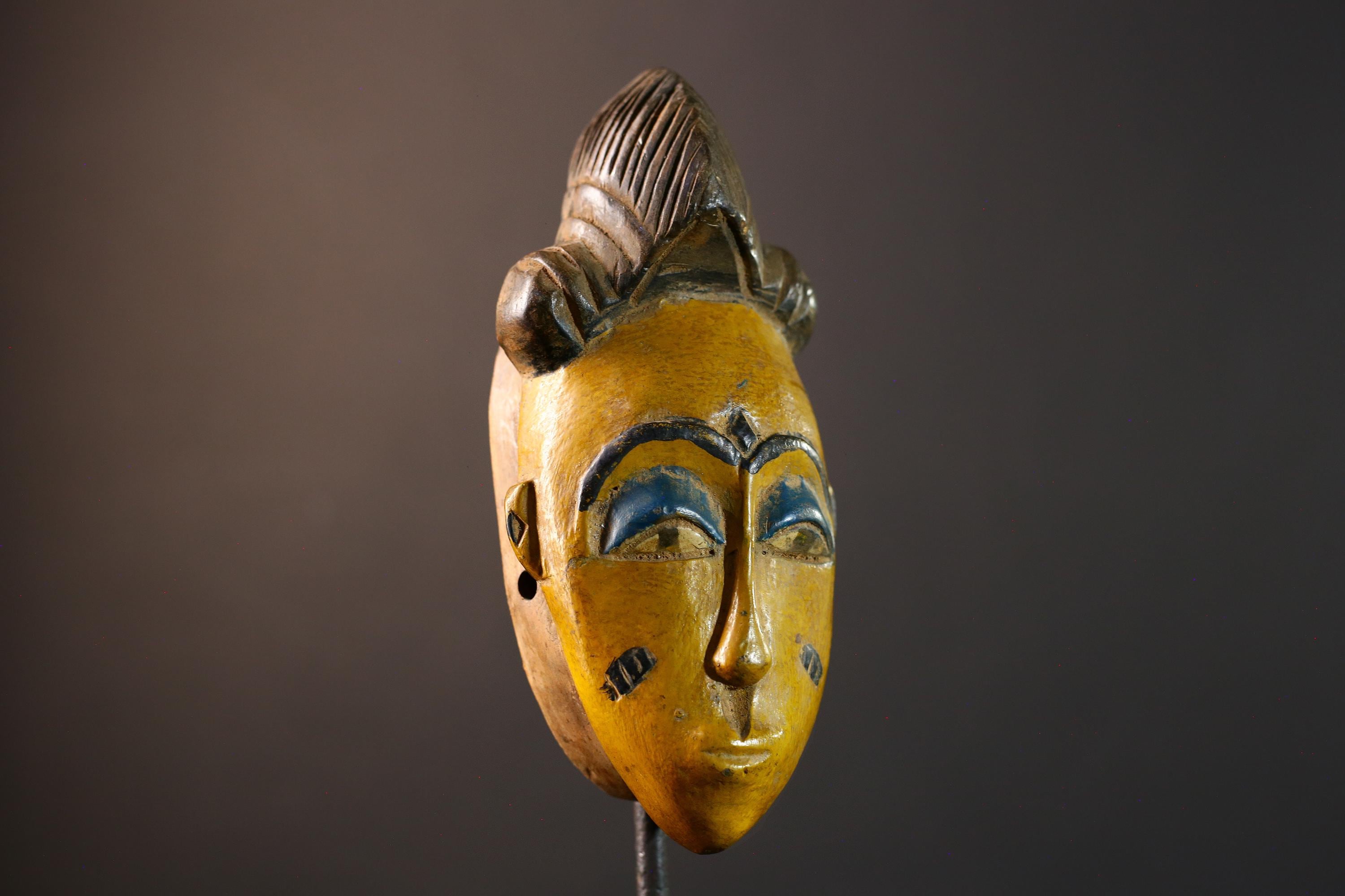 African Baule mask, tribal Mblo face mask wall art, ivory coast hand carved sculpture, yellow African mask decor, wood wall piece-G5403