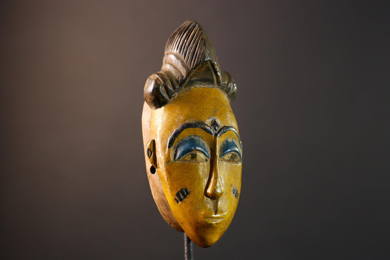 African Baule mask, tribal Mblo face mask wall art, ivory coast hand carved sculpture, yellow African mask decor, wood wall piece-G5403