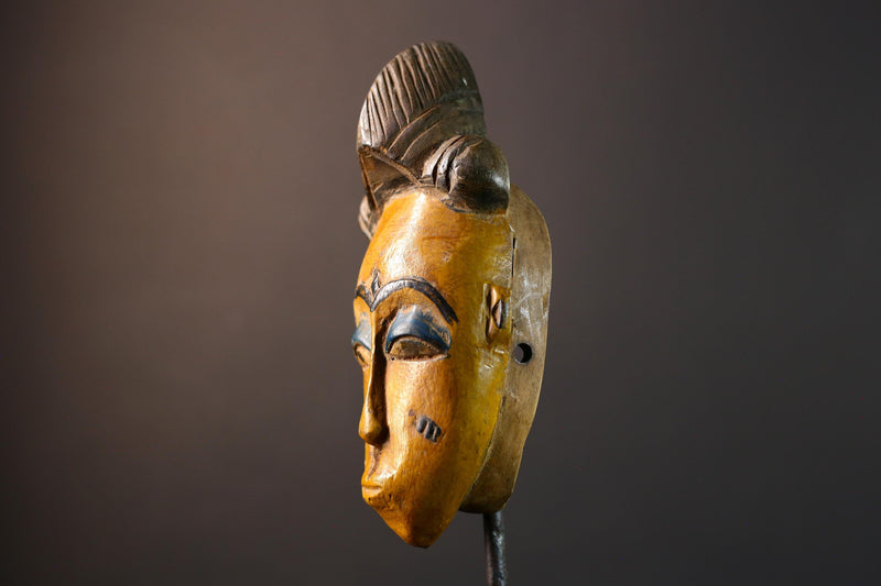 African Baule mask, tribal Mblo face mask wall art, ivory coast hand carved sculpture, yellow African mask decor, wood wall piece-G5403