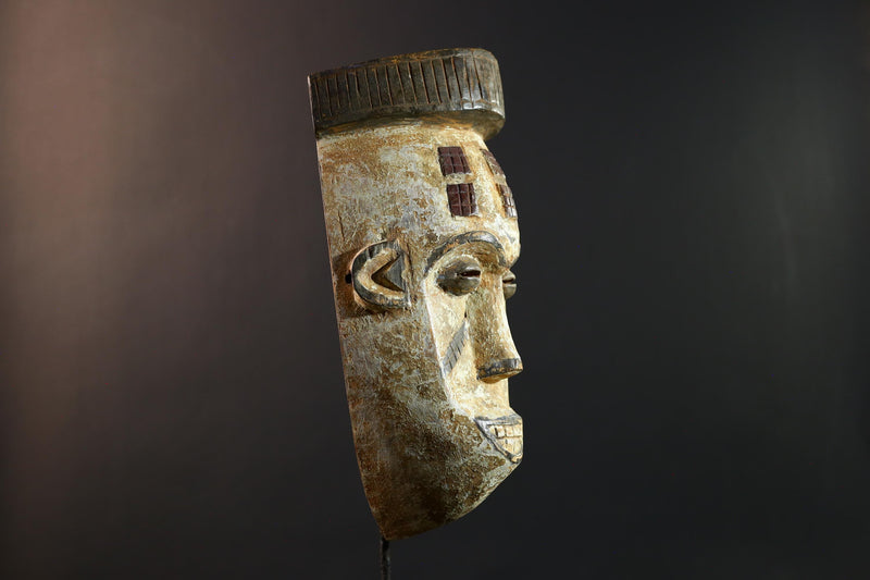 African Songye mask, tribal kifwebe male mask art, DR Congo carved wall mask, geometric African face, spiritual ritual decor-G5404