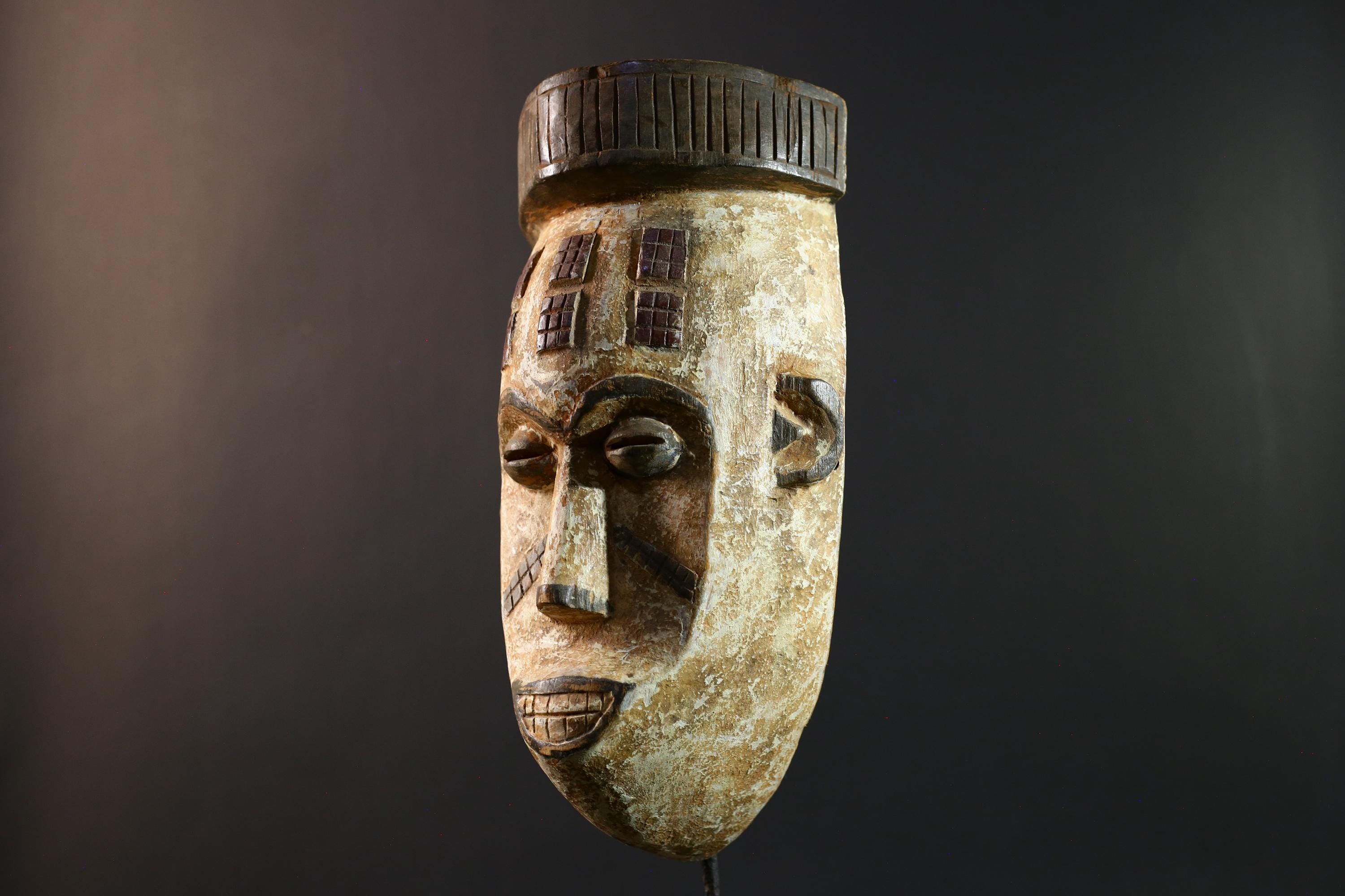 African Songye mask, tribal kifwebe male mask art, DR Congo carved wall mask, geometric African face, spiritual ritual decor-G5404