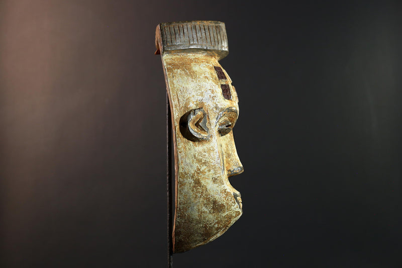 African Songye mask, tribal kifwebe male mask art, DR Congo carved wall mask, geometric African face, spiritual ritual decor-G5404