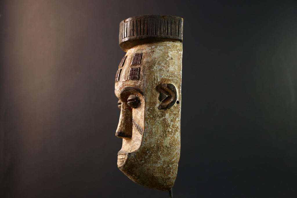 African Songye mask, tribal kifwebe male mask art, DR Congo carved wall mask, geometric African face, spiritual ritual decor-G5404